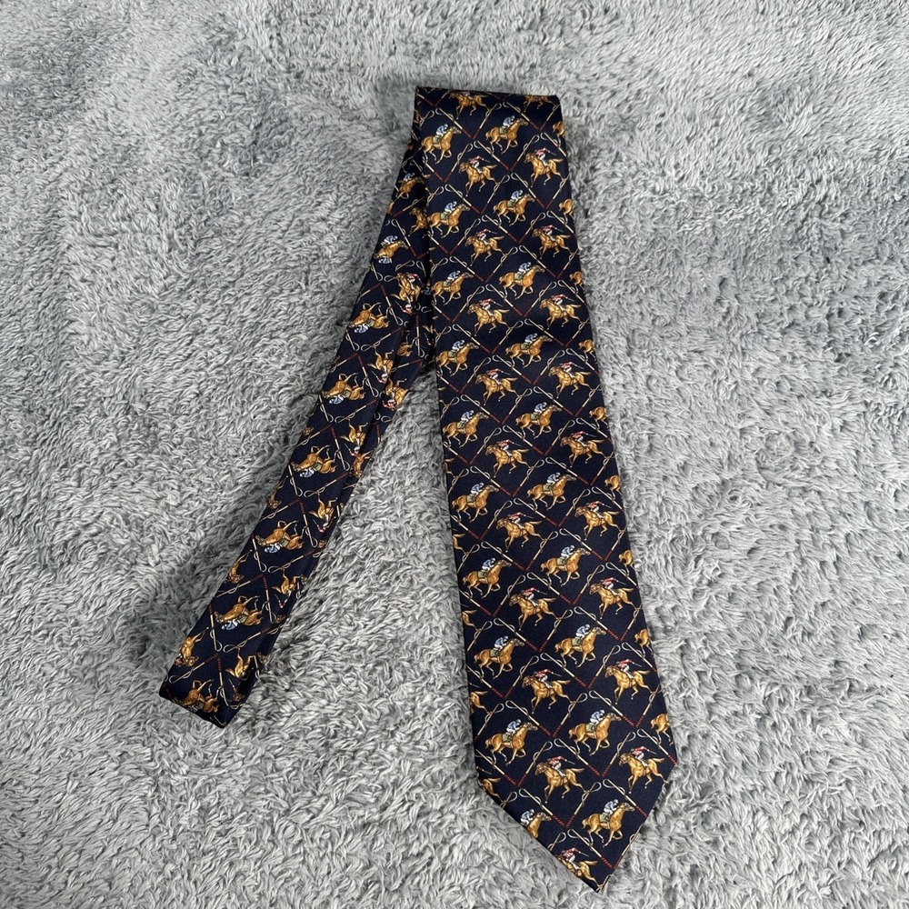 MINT BENJAMIN JAMES Vintage ENGLAND 100% Silk Tie HORSE Men's Navy Blue Derby